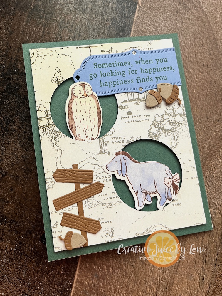 Sweet Old Friends Stampin’ Up!®️ Happiness in Friendship card, Winnie the Pooh, Eeyore, Peek Through card with circle punches