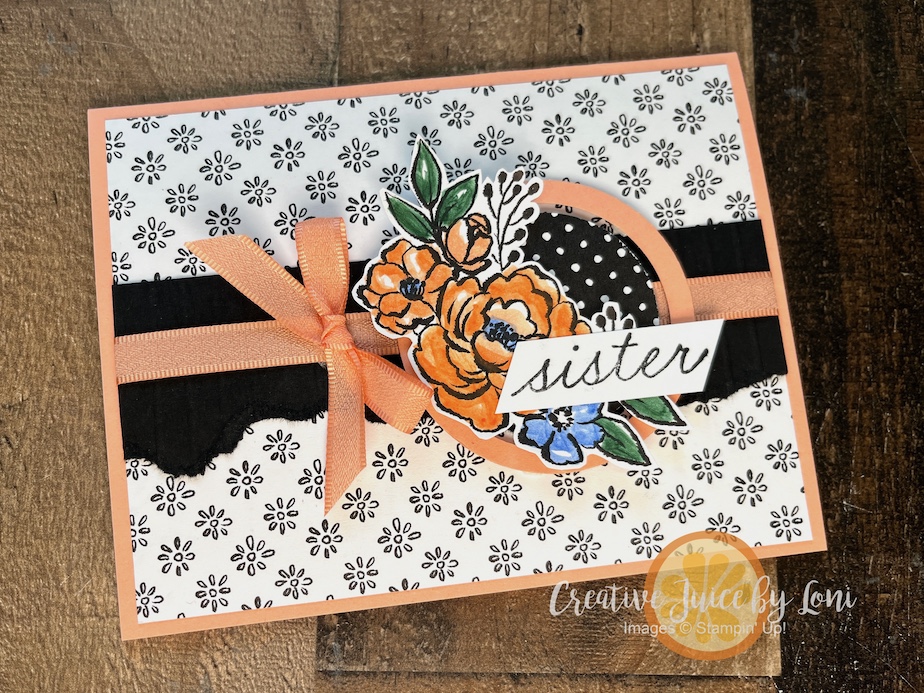 Stampin’ Up!®️ Artisan Sketched Garden Ring Around the Posy Card. Black & White & Crisp Cantaloupe with nesting rings from circle punches. 