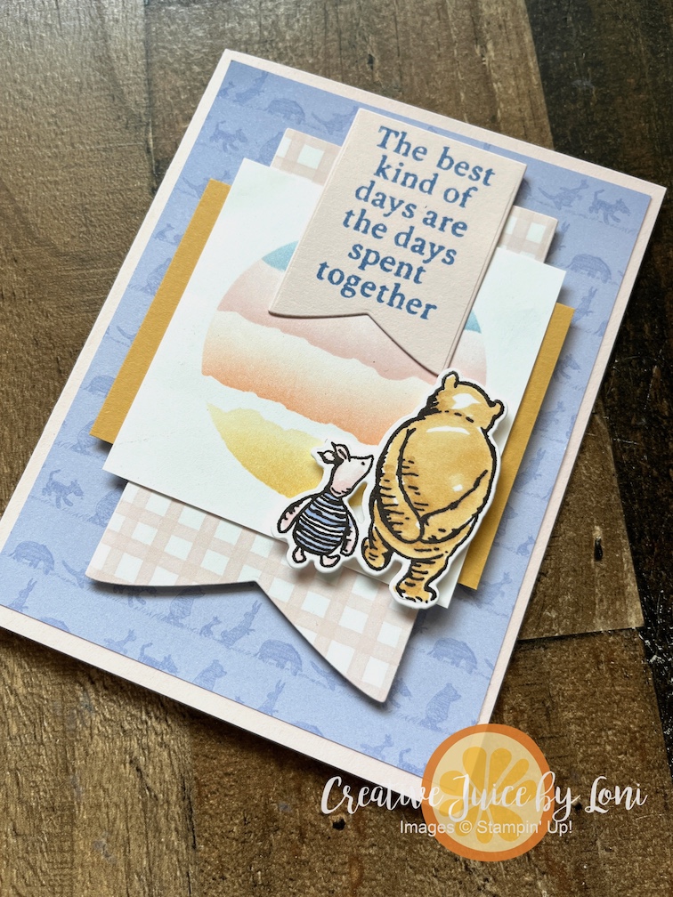 Stampin’ Up!®️ Silly Old Bear card for a friend, reverse masking technique, circle punch, Winnie the Pooh and Piglet