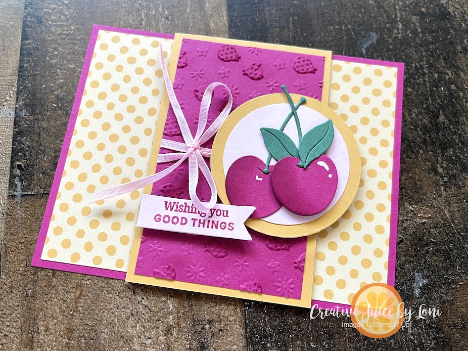 Stampin’ Up!®️ Cherry Card using Golden Glow (2026-2028 In Color), Made with Sweetness dies, and Banner Sayings Bundle